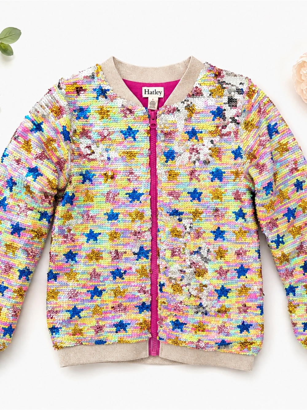 Hatley Girls Size 8 Rainbow Sequin Bomber Jacket